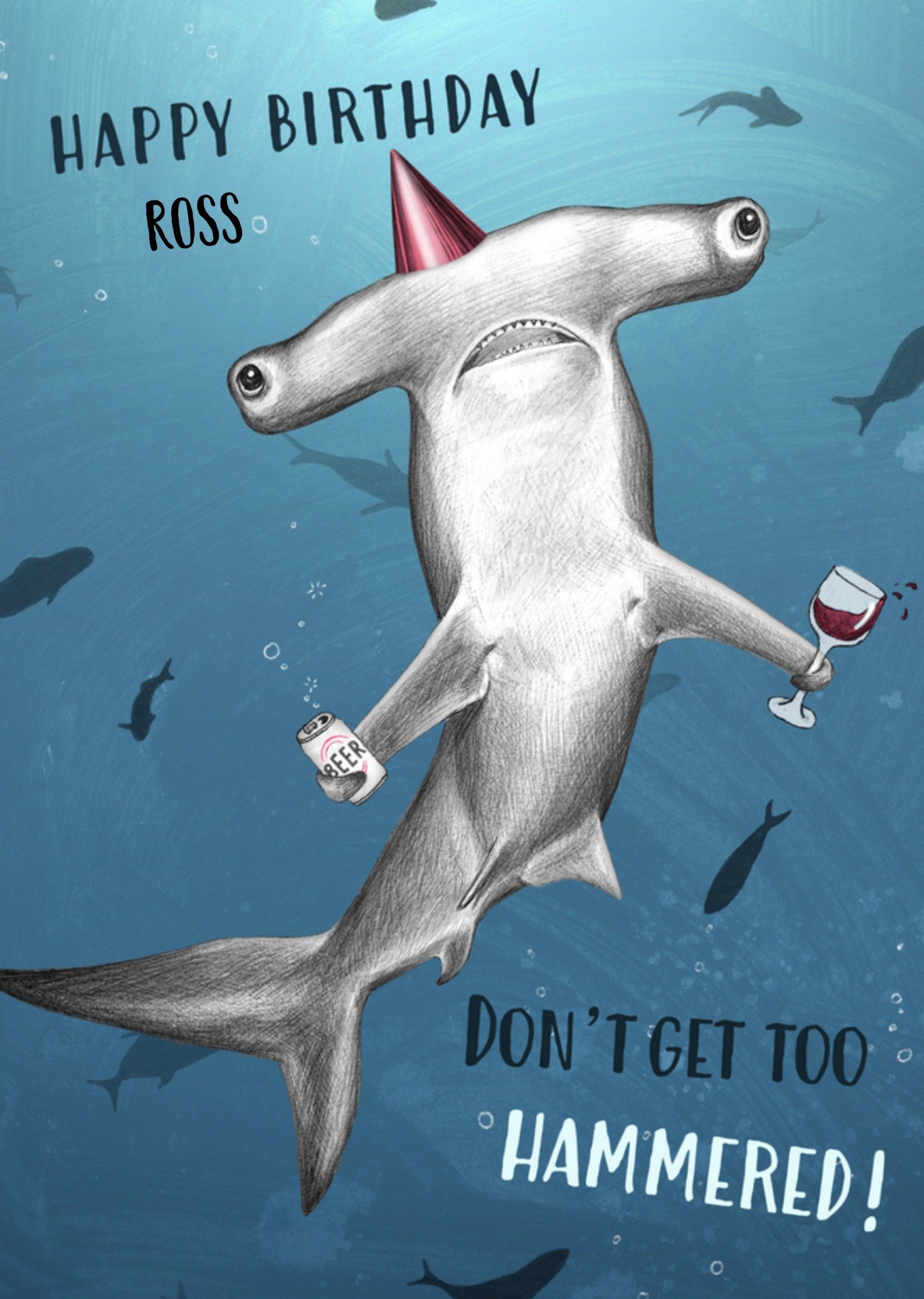 Verjaardagskaart met haai en naam Kaart Greetz