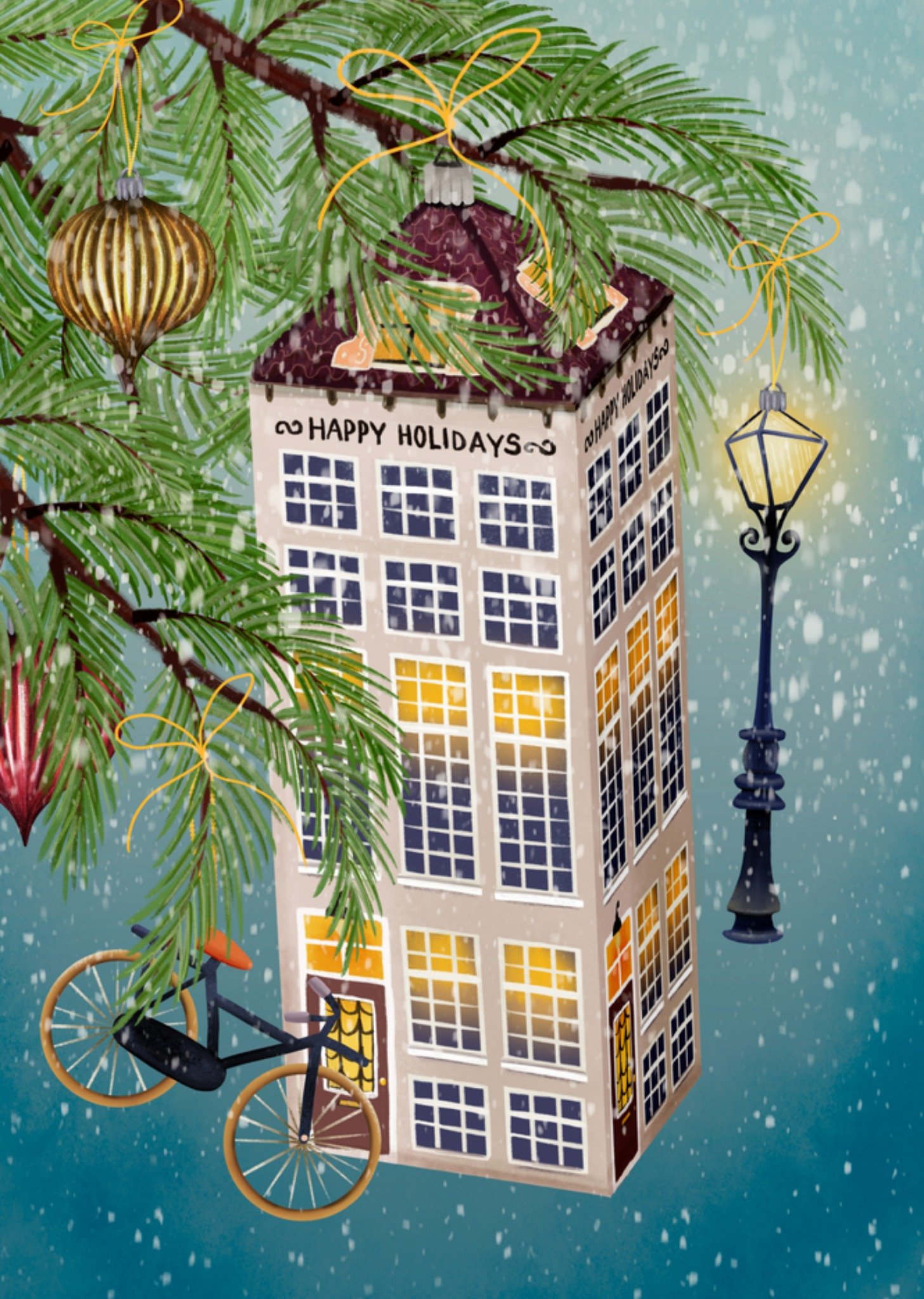 Kerstkaart huis fiets kerstboom Greetz