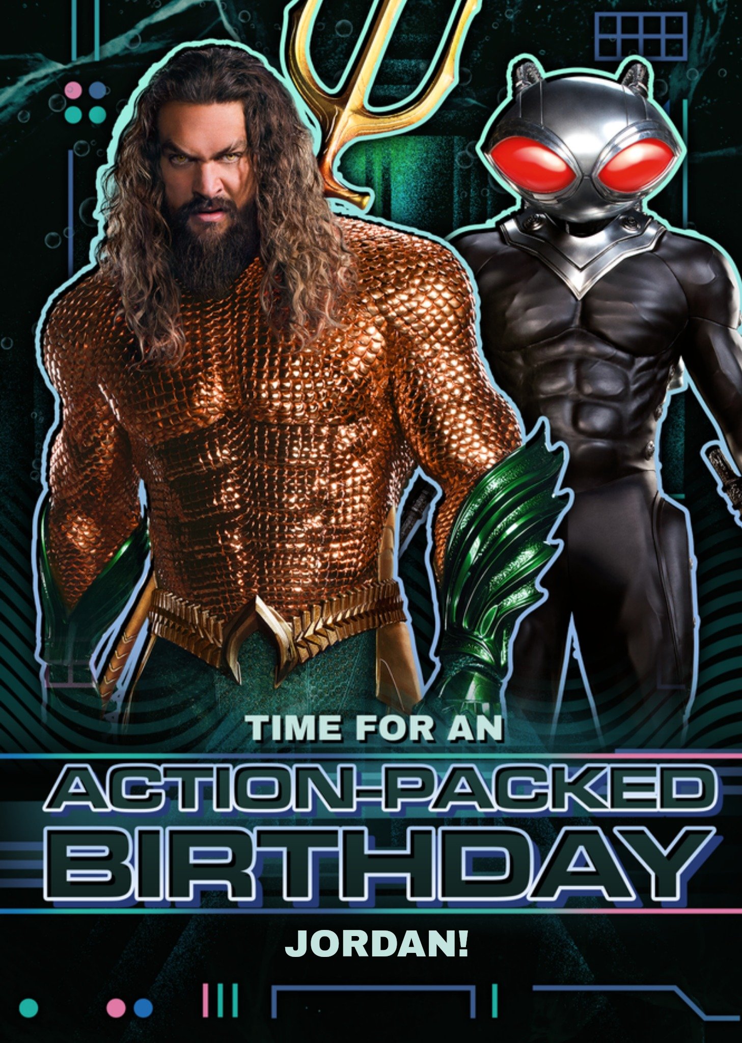 Verjaardagskaart Action-packed birthday Met naam Kaart Aquaman