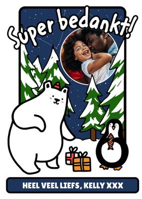 Geïllustreerde Winterdieren Foto Upload Bedankt Kaart