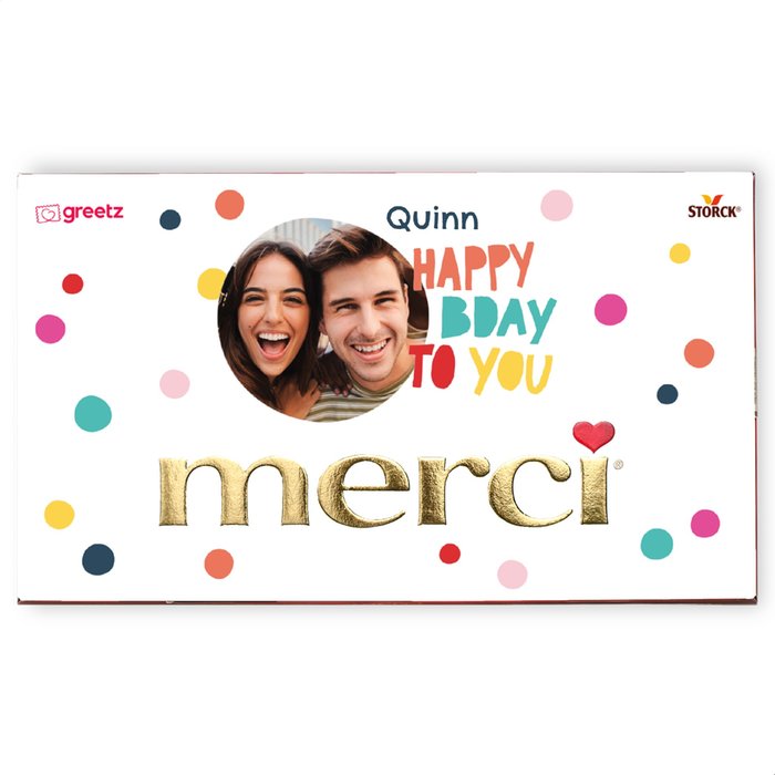 Merci | Happy Bday met eigen foto en naam | 400g