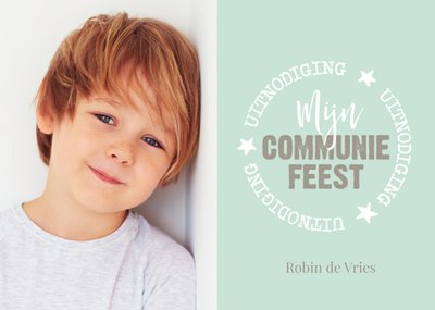 Typografisch Foto Upload Communiefeest Uitnodiging Kaart