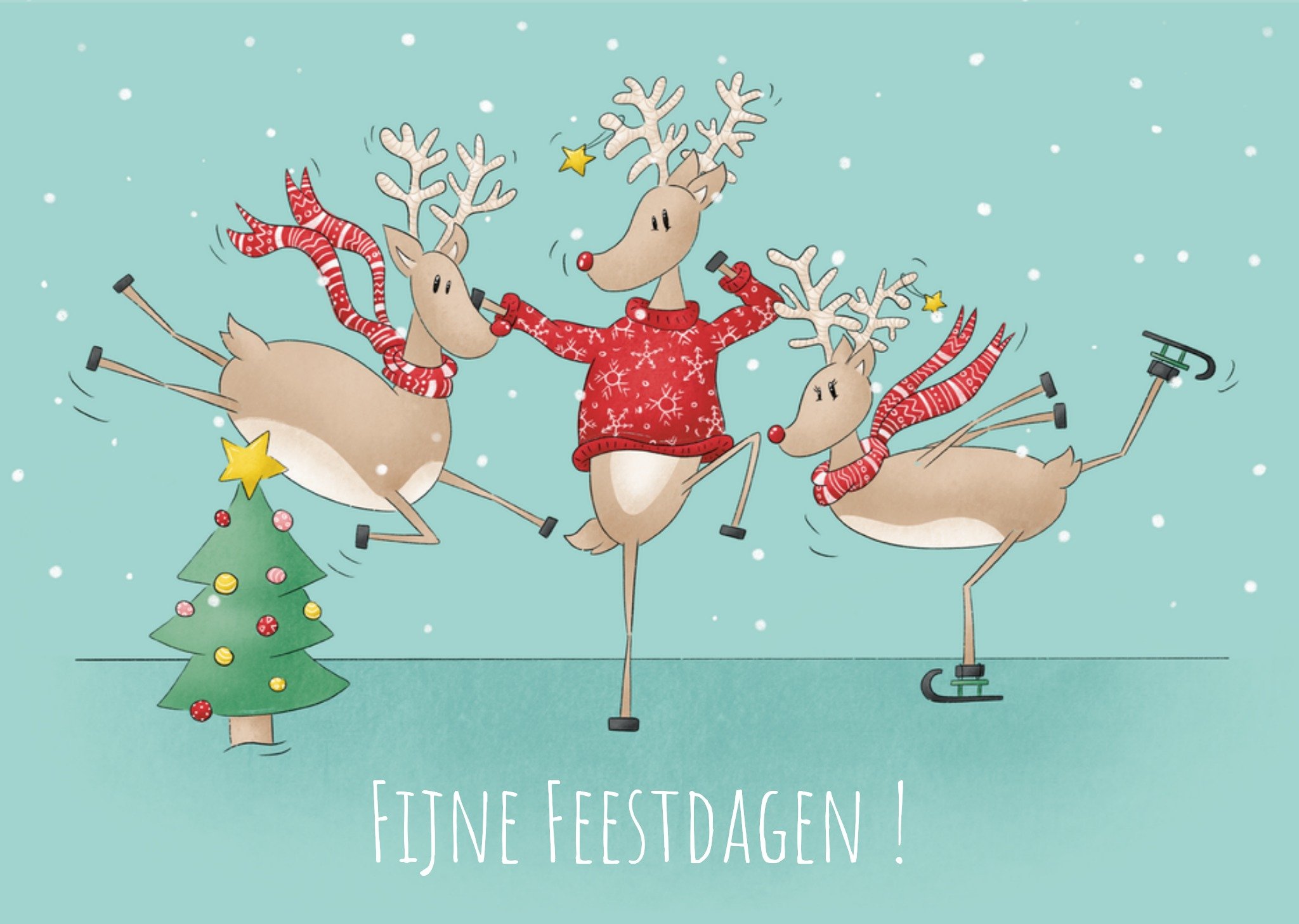 Kerstkaart Schaatsende rendieren Studio Fred Illustraties