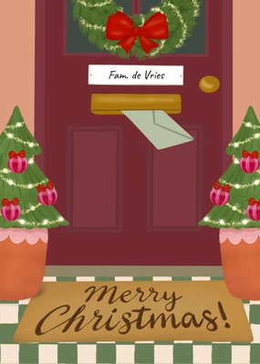 Tsjip Geïllustreerde Voordeur Met Krans Kerstkaart