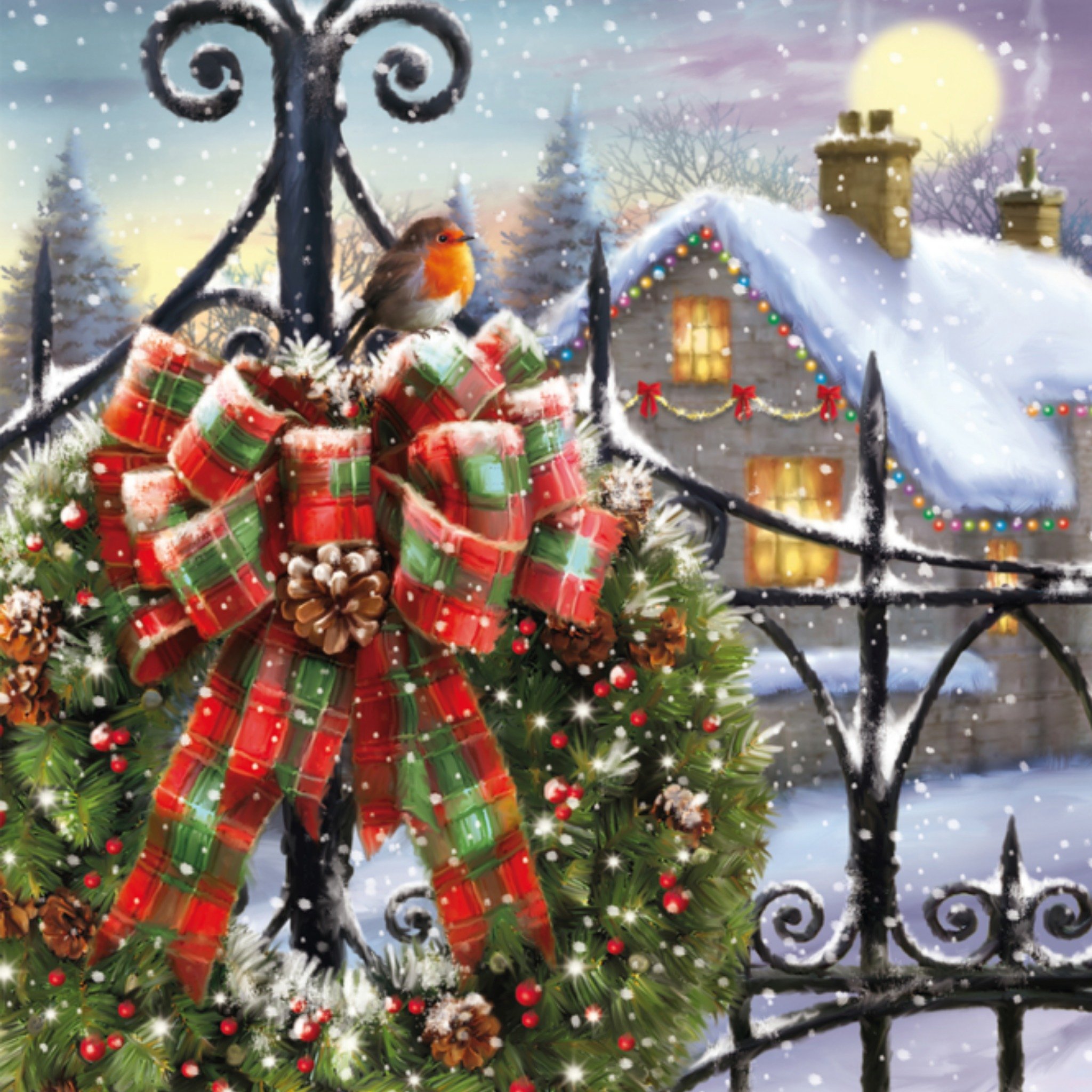 Paperclip Kerstkaart huisje krans Vierkant