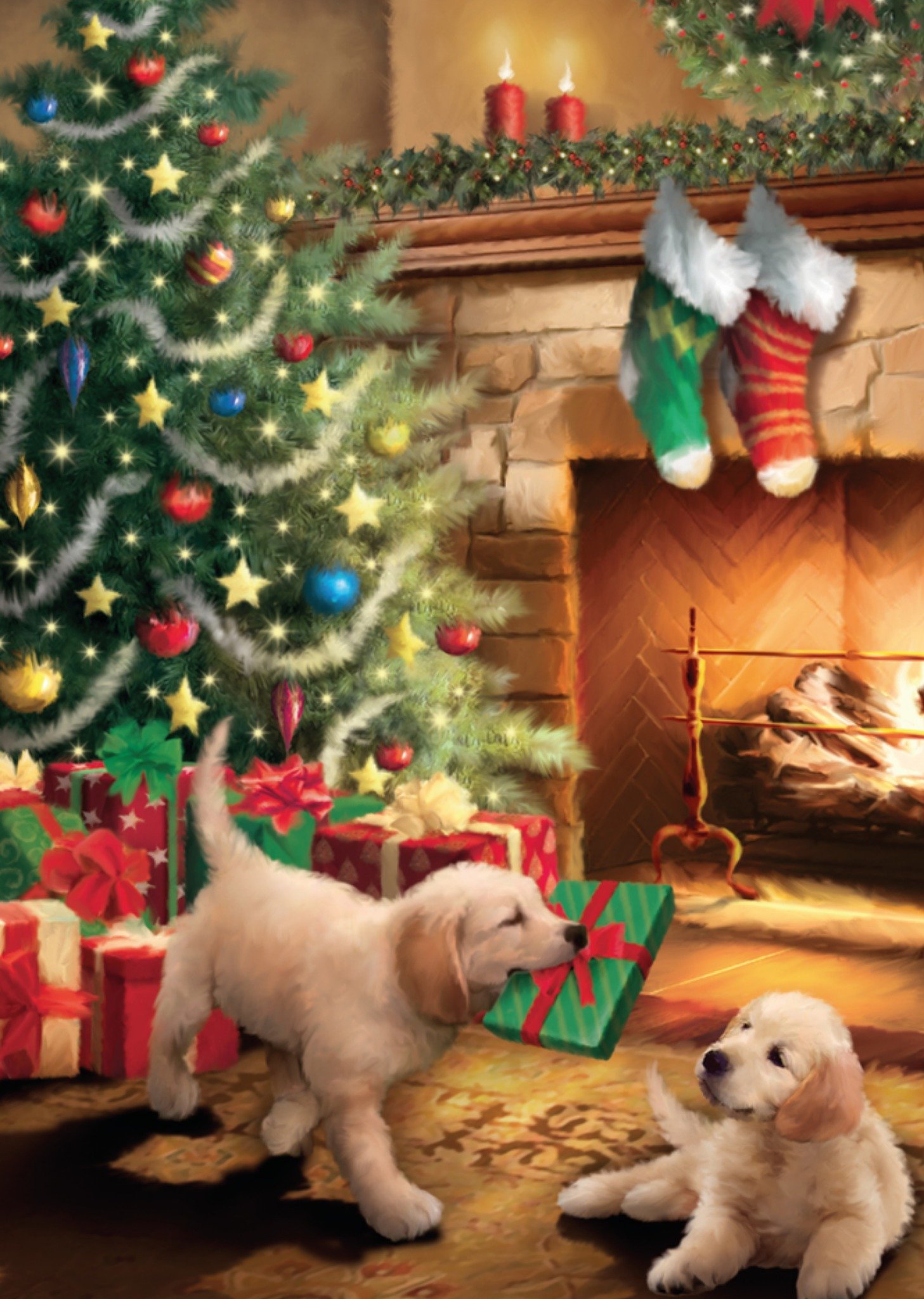 Kerstkaart hondjes openhaard Paperclip