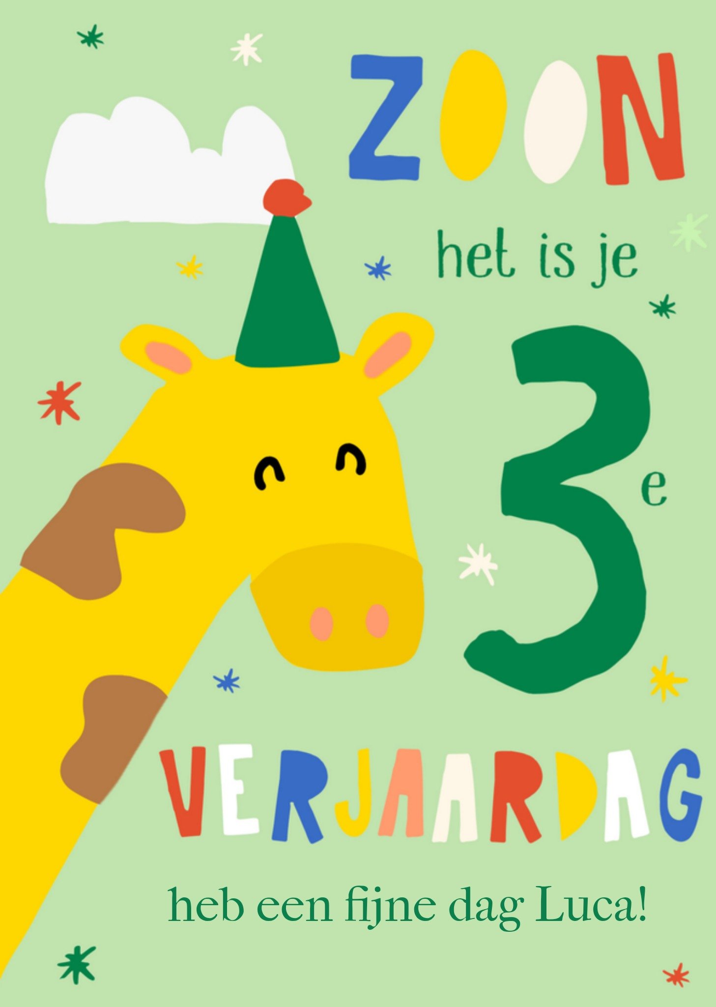 Verjaardagskaart giraf met naam Greetz