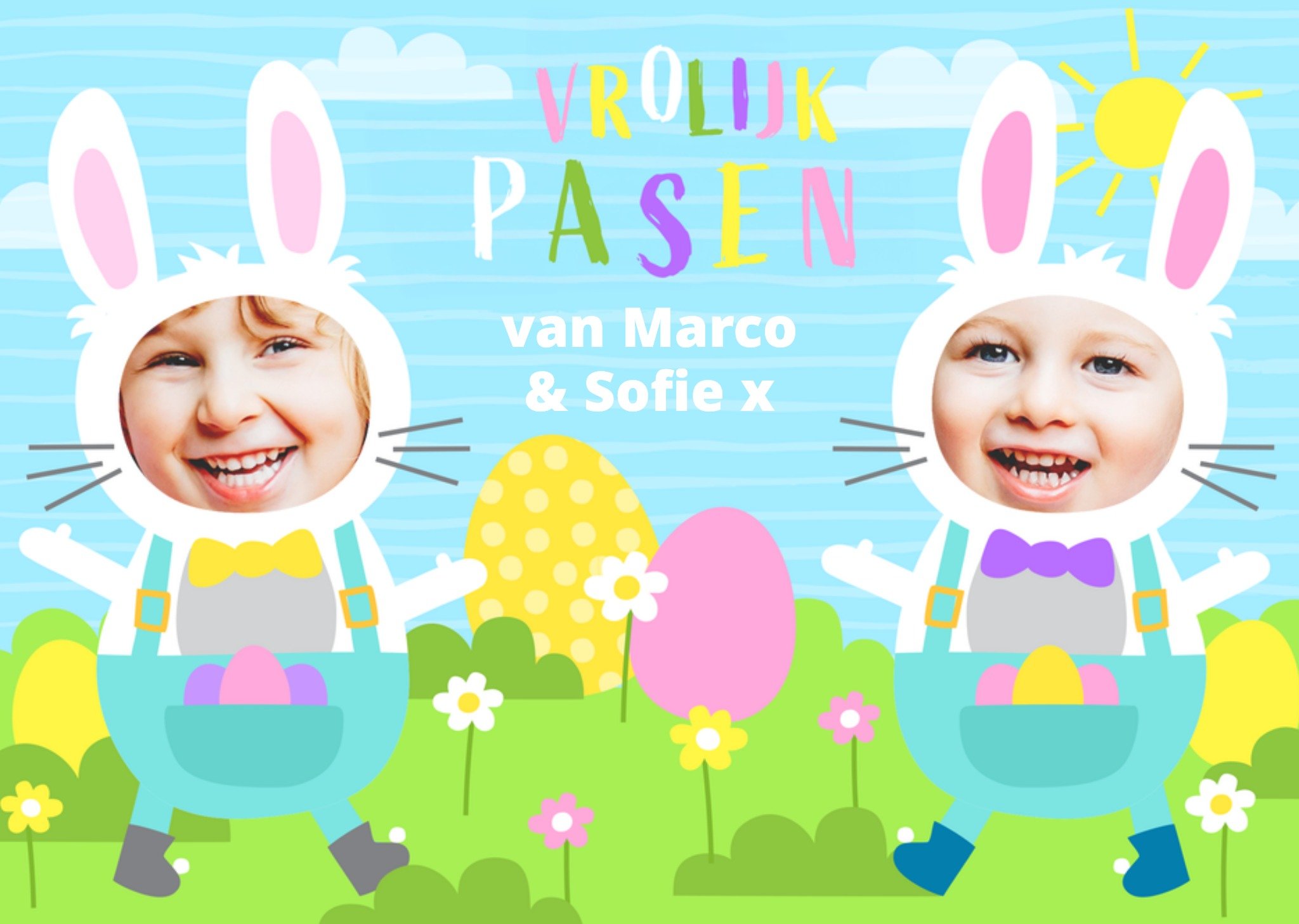 Paaskaart Vrolijk Pasen Konijnen kostuums Aanpasbare foto enn tekst Kaart Greetz