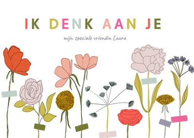 Ik Denk Aan Je Geïllustreerde Bloemen Vriendin Kaart
