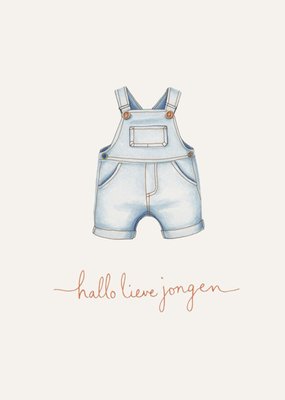 Greetz | Geboortekaart | Hallo lieve jongen | Geïllustreerde denim tuinbroek