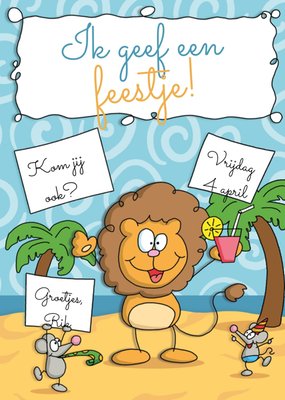 Ik Geef Een Feestje Geïllustreerde Leeuw Uitnodiging Kaart