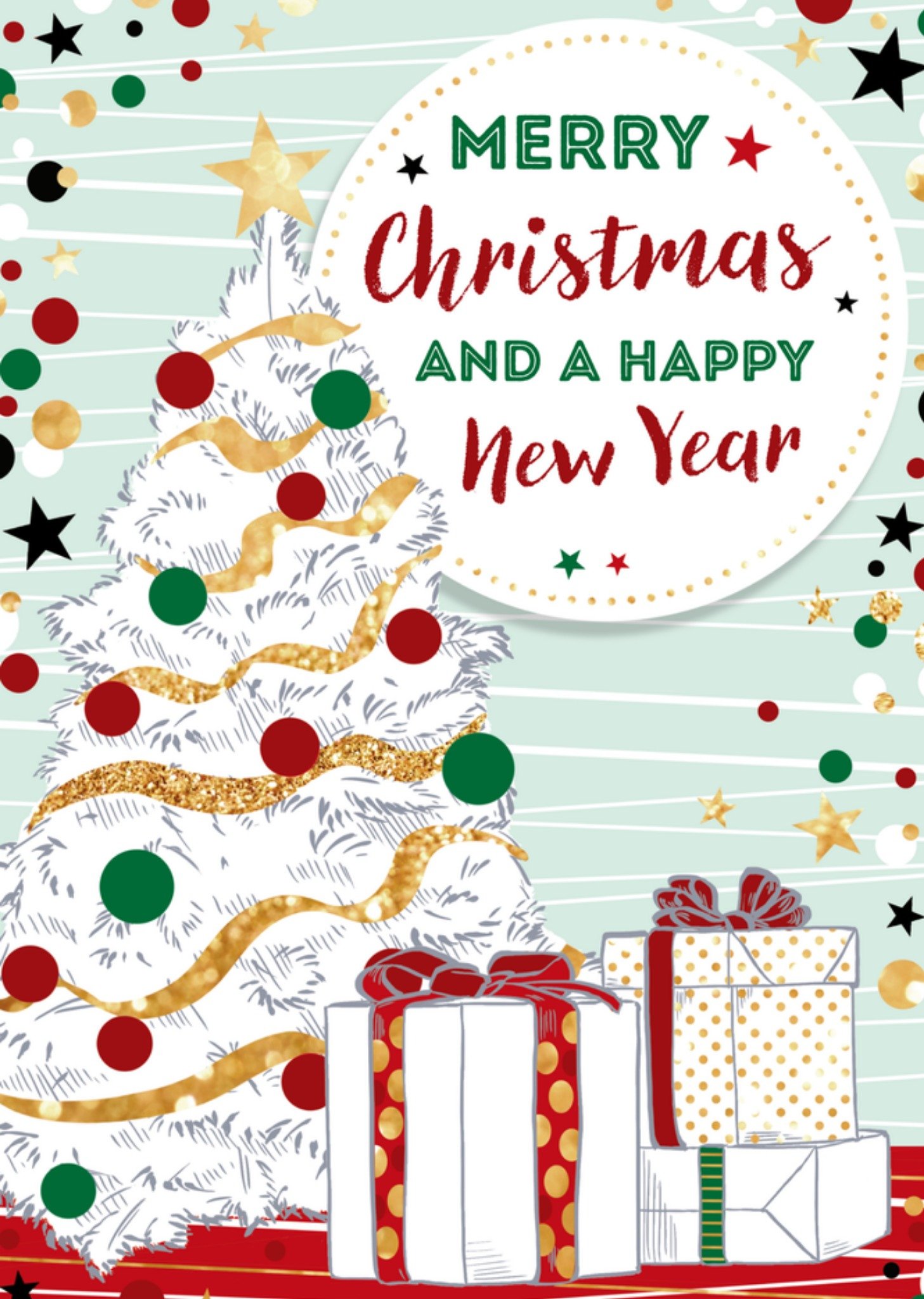 Kerstkaart cadeautjes kerstboom TMS