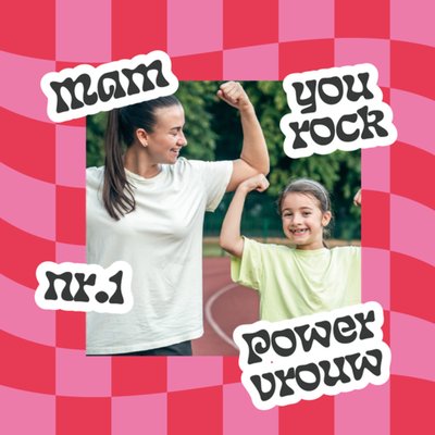 Greetz | Moederdagkaart | Mam you rock nr.1 power vrouw | Golvend geruit patroon | Fotokaart