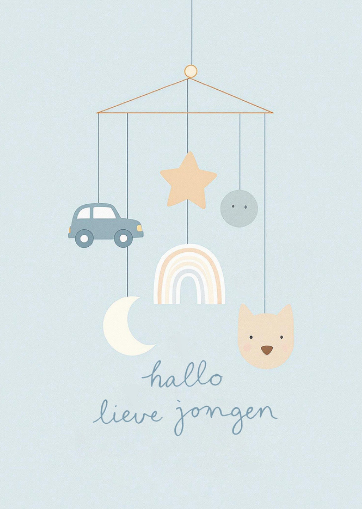 Geboortekaart Hallo lieve jongen Geïllustreerde babymobiel Kaart Greetz