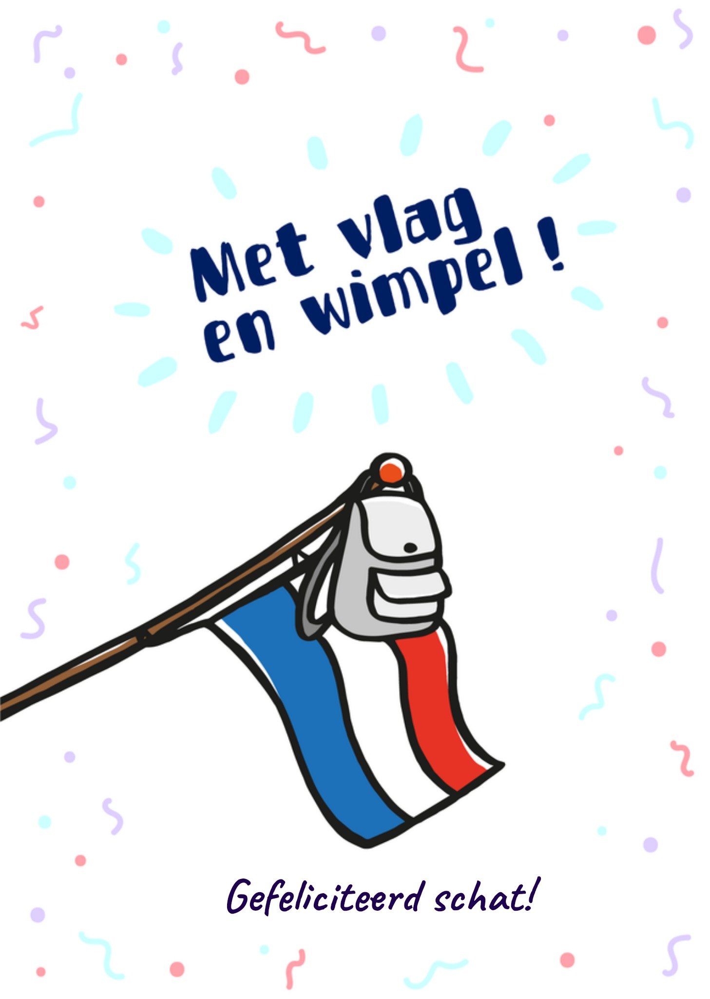 Geslaagdkaart Met vlag en wimpel Schooltas en vlag Aanpasbare tekst Kaart Liefs Jansje