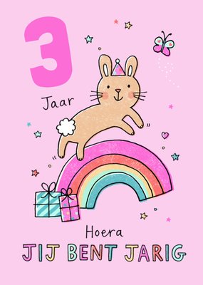 Geïllustreerd Konijn Met Regenboog 3e Verjaardag Kaart