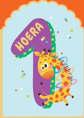 Hoera Geïllustreerde Giraffe 1e Verjaardagskaart