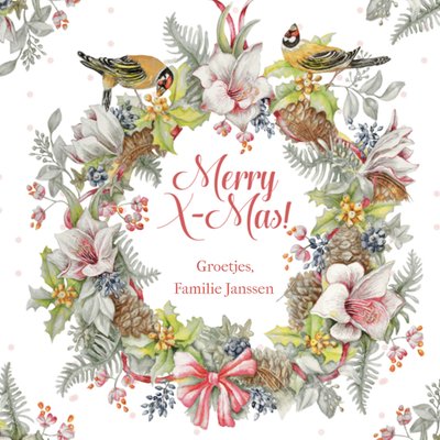 Geïllustreerde Aquarel Krans Met Vogels Kerstmis Kaart