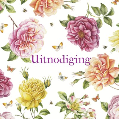 Uitnodiging met roze, paarse en gele bloemen