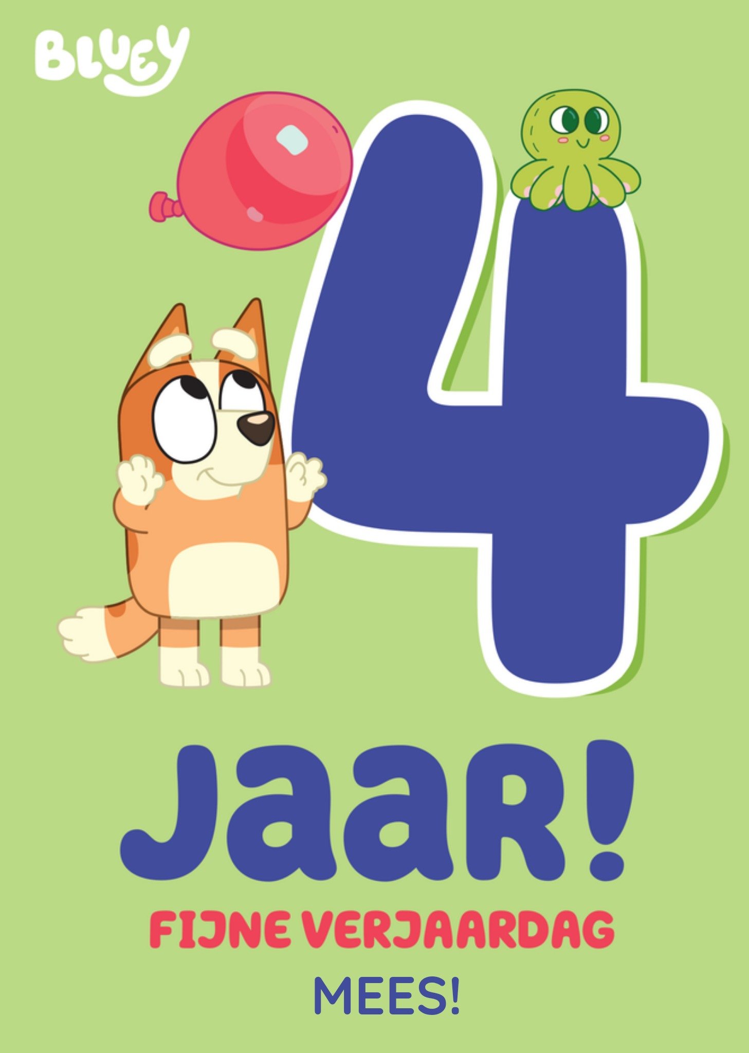 Verjaardagskaart Bluey 4 jaar! Kaart Greetz