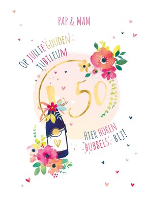 Hier Horen Bubbels Bij Geïllustreerde Champagne Papa En Mama 50e Jubileum Kaart