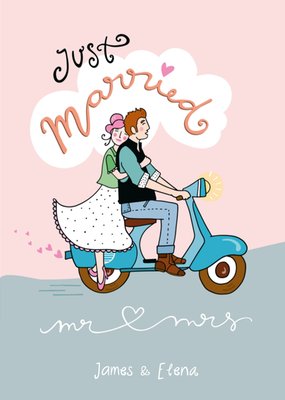 Geïllustreerd Bruidspaar Op Scooter Bruiloft Kaart