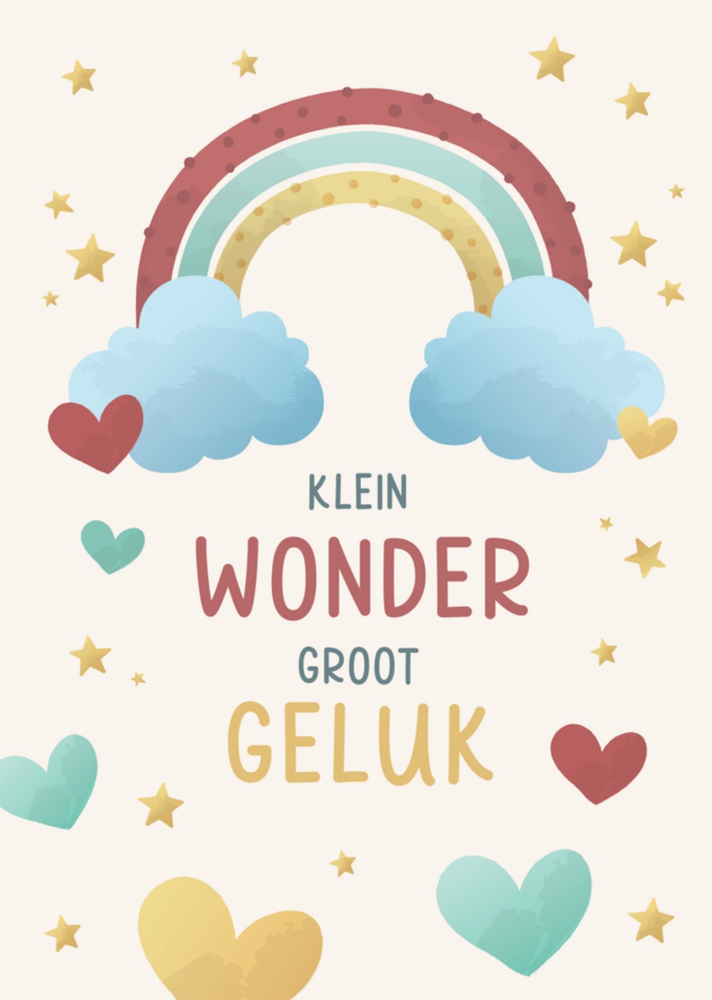 Geboortekaart Klein wonder, groot geluk Regenboog, harten en sterren Kaart Papercute