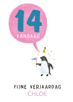 Geïllustreerde Pinguïn Met Ballon 14e Verjaardag Kaart