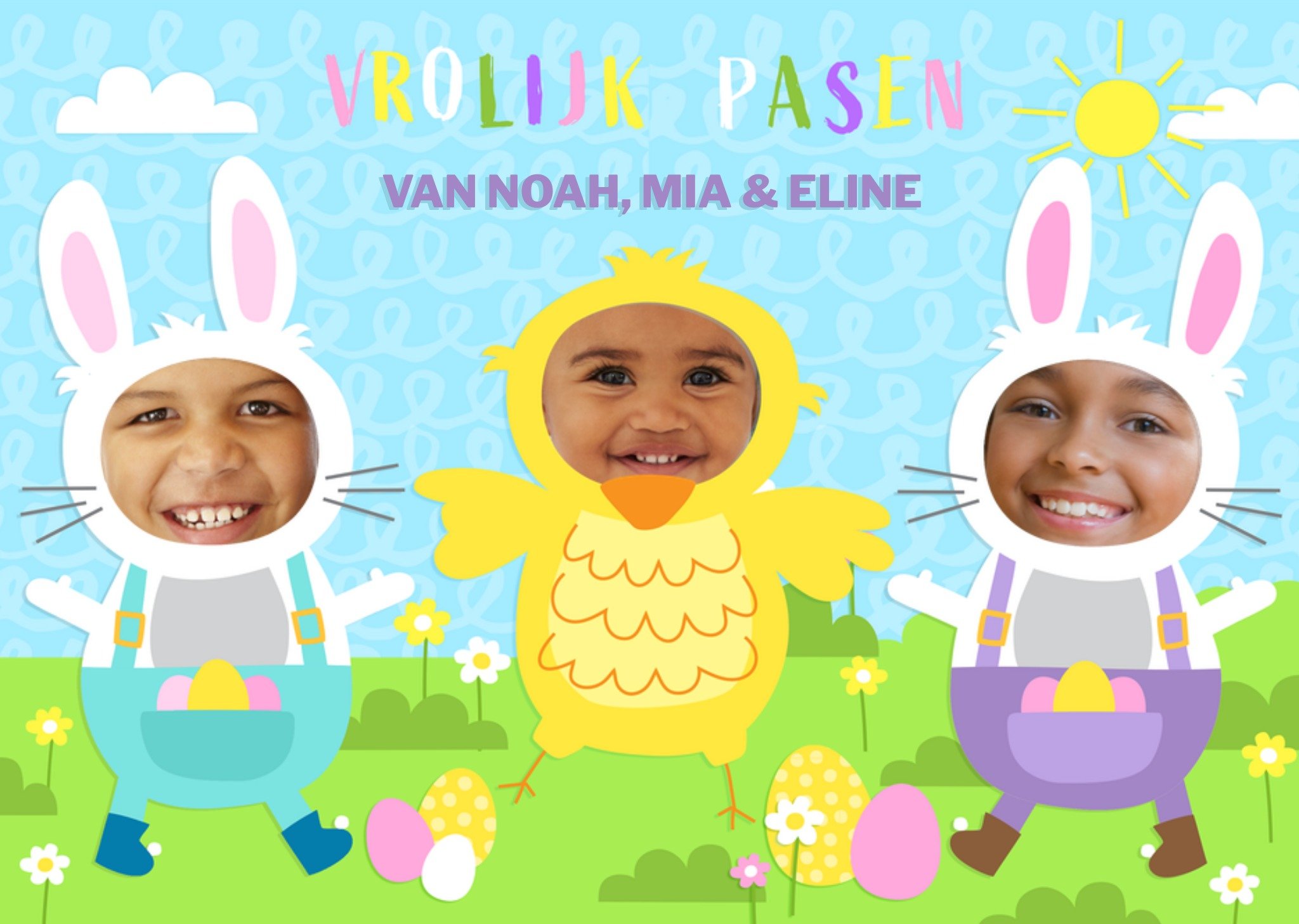 Paaskaart Vrolijk Pasen Konijnen en kuikenkostuums Aanpasbare foto enn tekst Kaart Greetz
