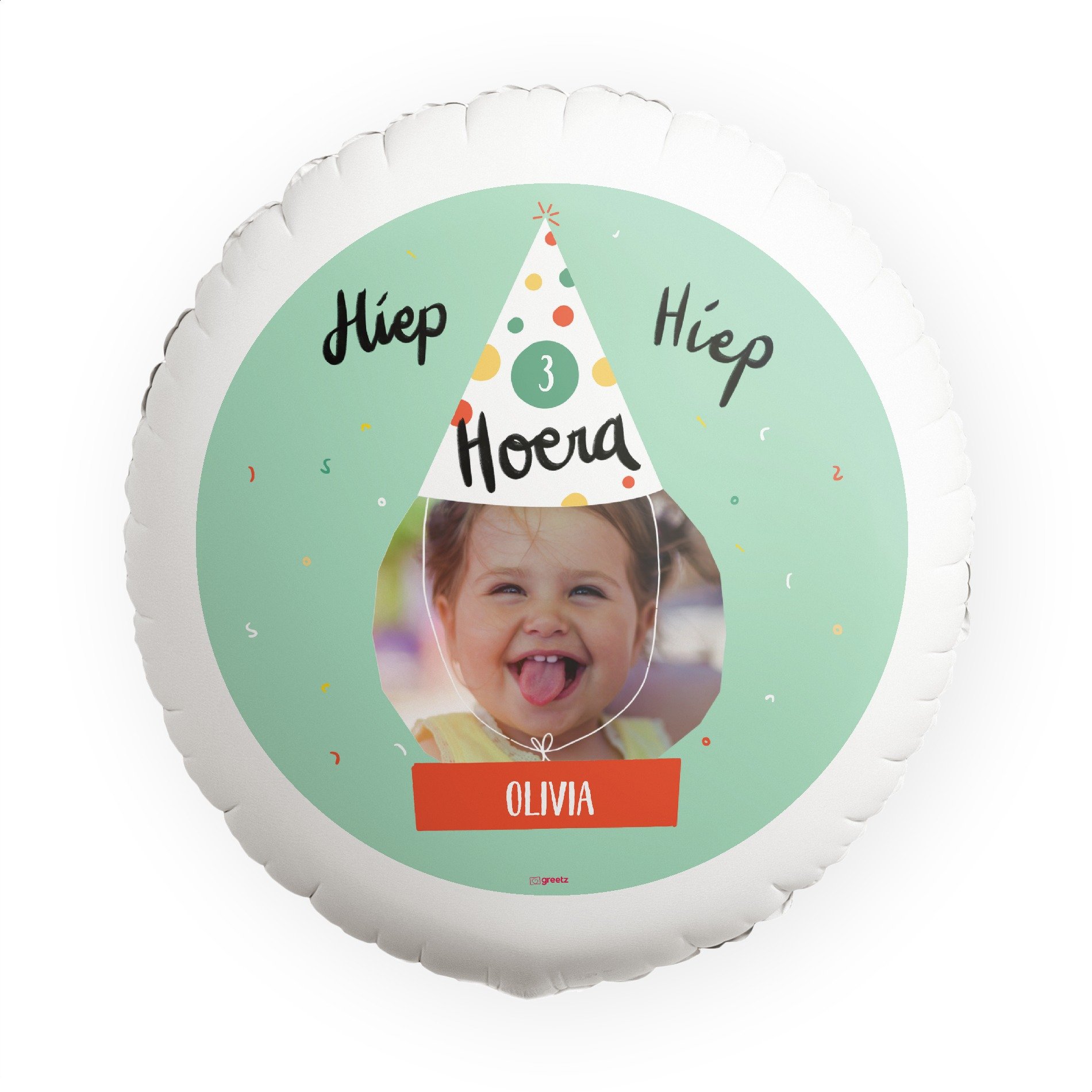 Ballon Hiep hiep hoera met eigen foto en tekst Greetz