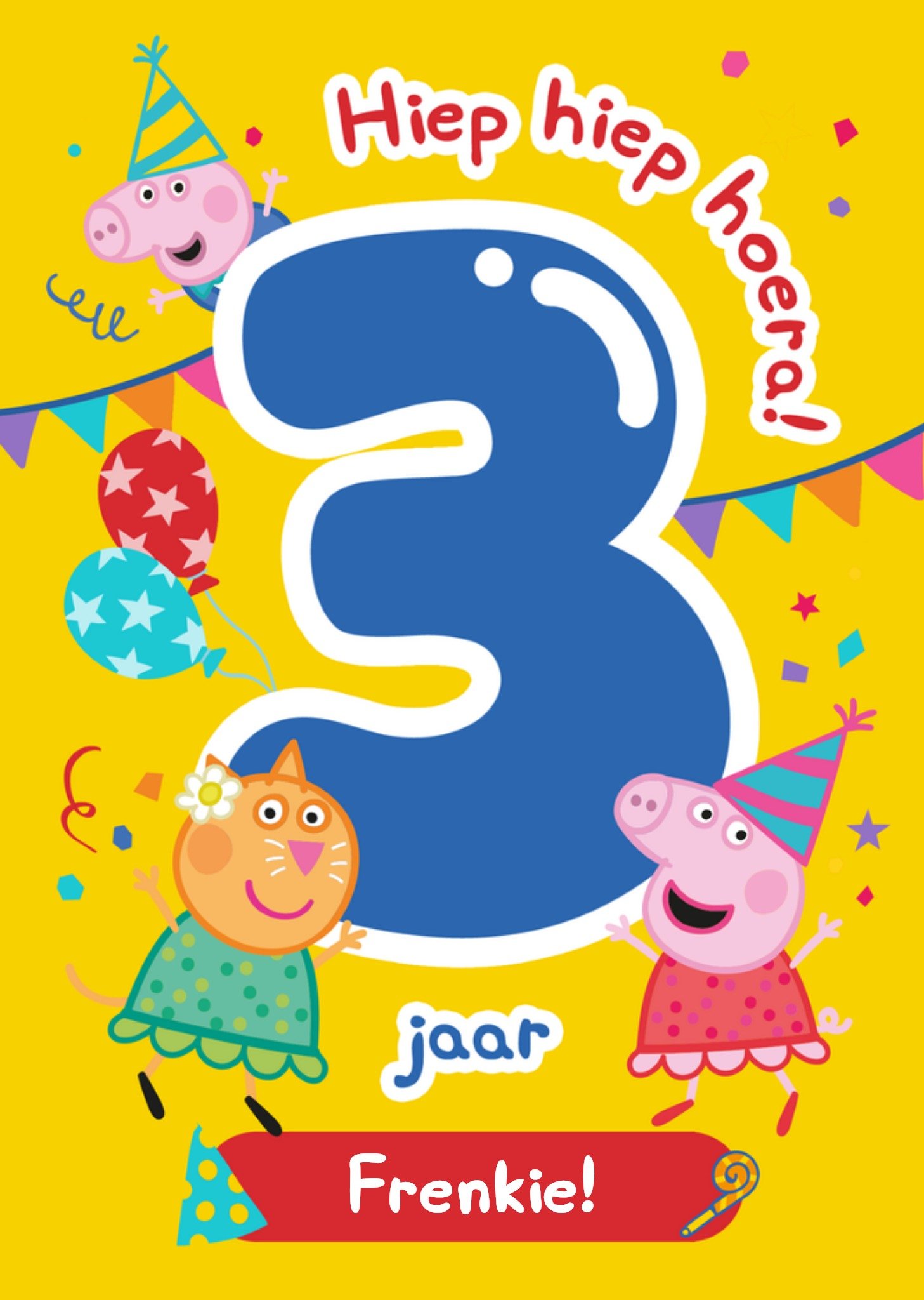 Verjaardagskaart Hiep Hiep Hoera! 3 Jaar Aanpasbare tekst Kaart Peppa Pig