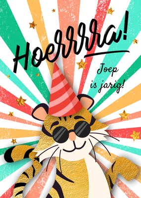 Geïllustreerde Tijger Met Feesthoed Verjaardag Kaart