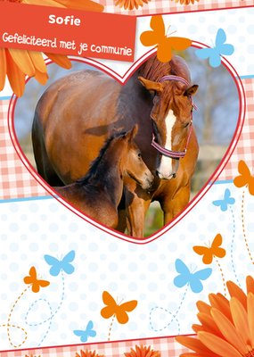 Hart Foto Upload Paard Met Vlinders Communie Kaart