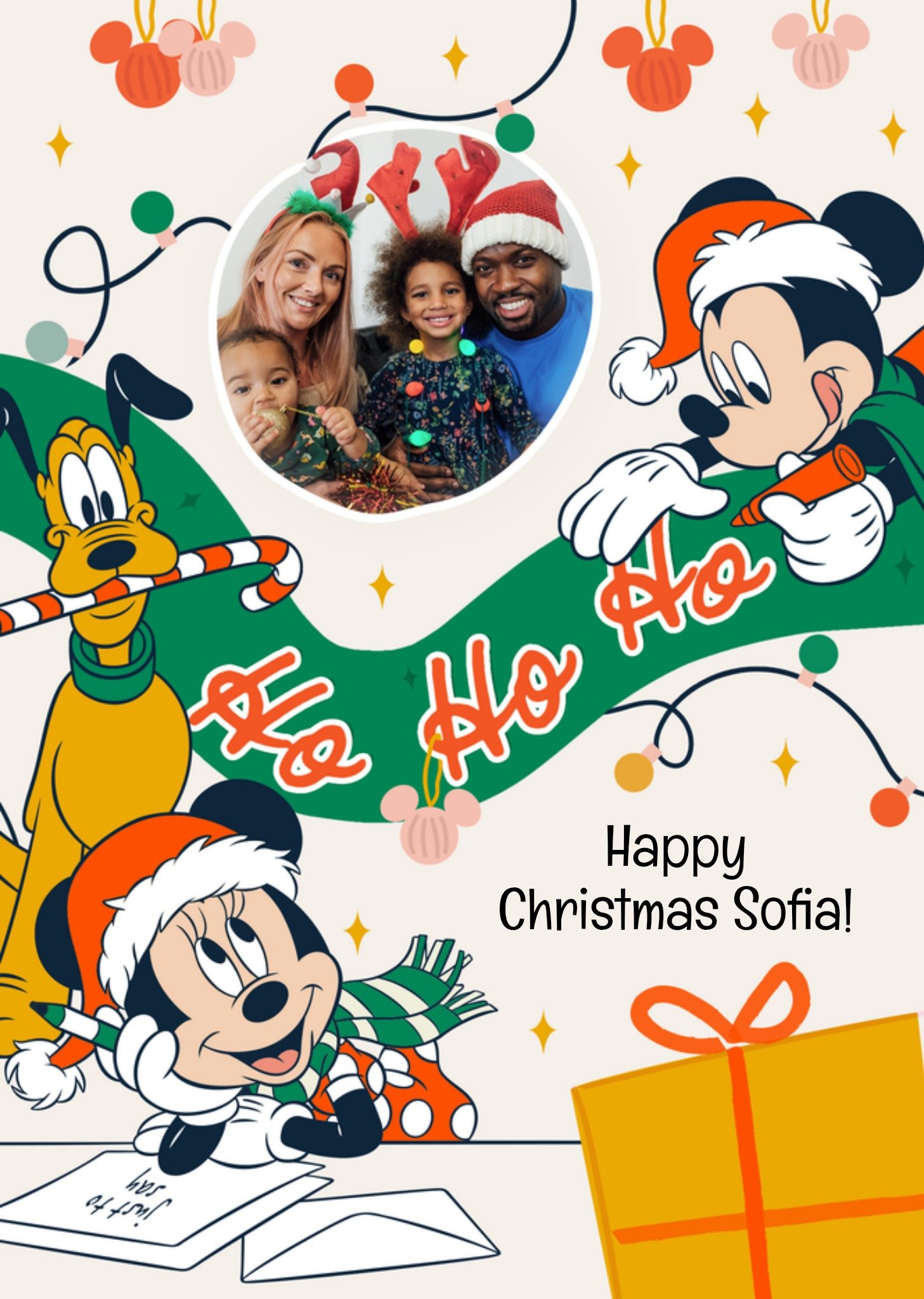 Disney Kerstkaart Mickey and Friends Ho Ho Ho Happy Christmas Fotokaart met aanpasbare tekst Minnie Mouse