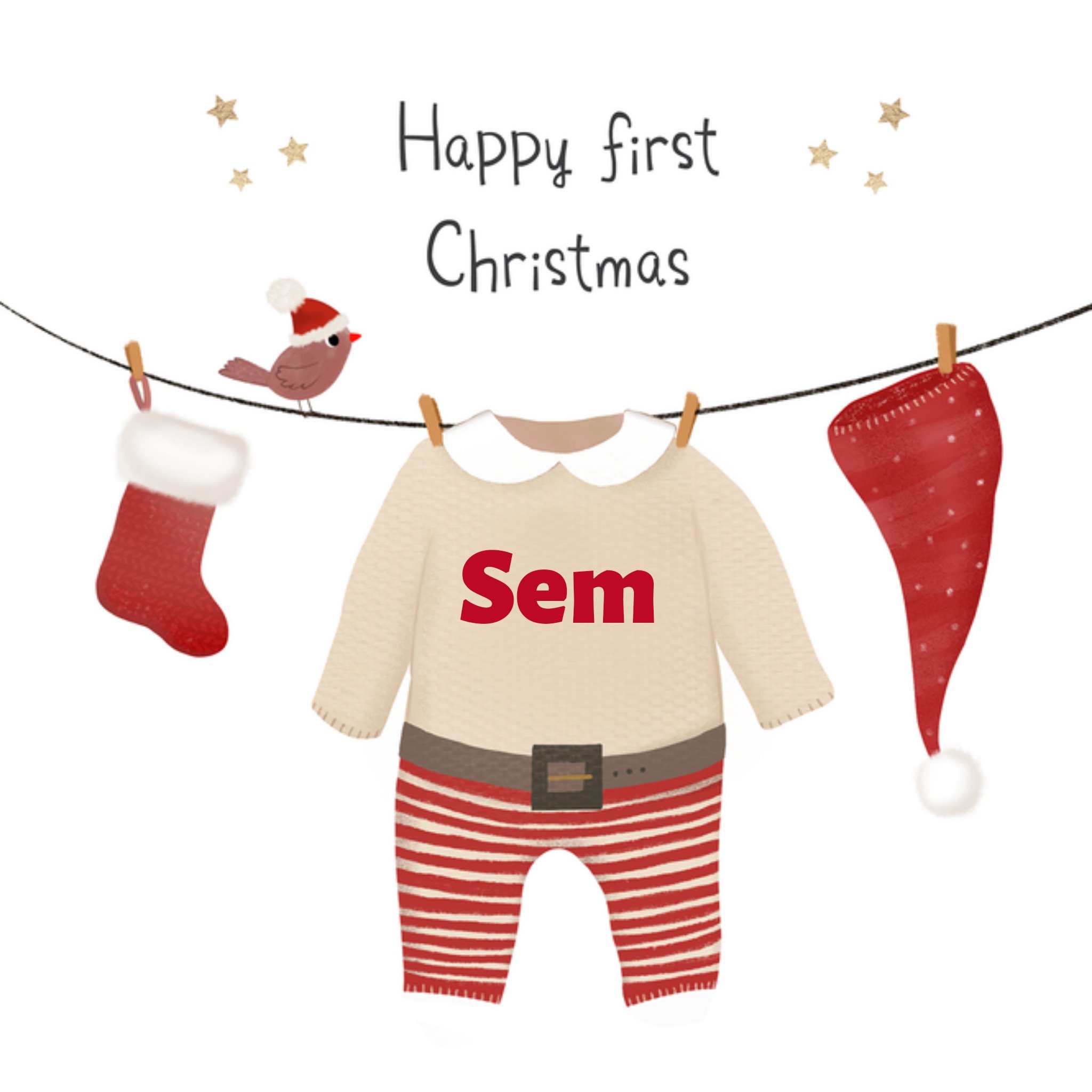Tsjip Tslip Kerstkaart Happy first Christmas Aanpasbare tekst Vierkant