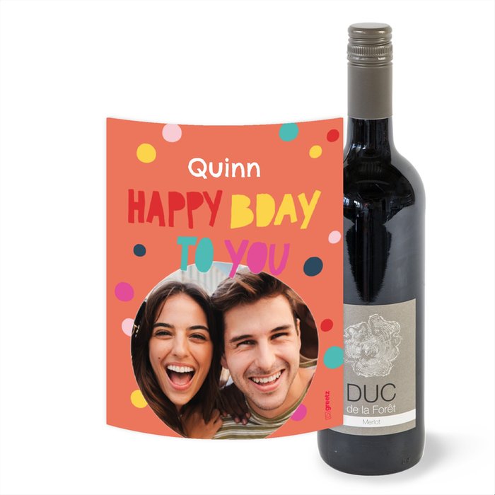 Duc de la Fôret | Merlot | Happy Bday met eigen foto en naam | 750 ml