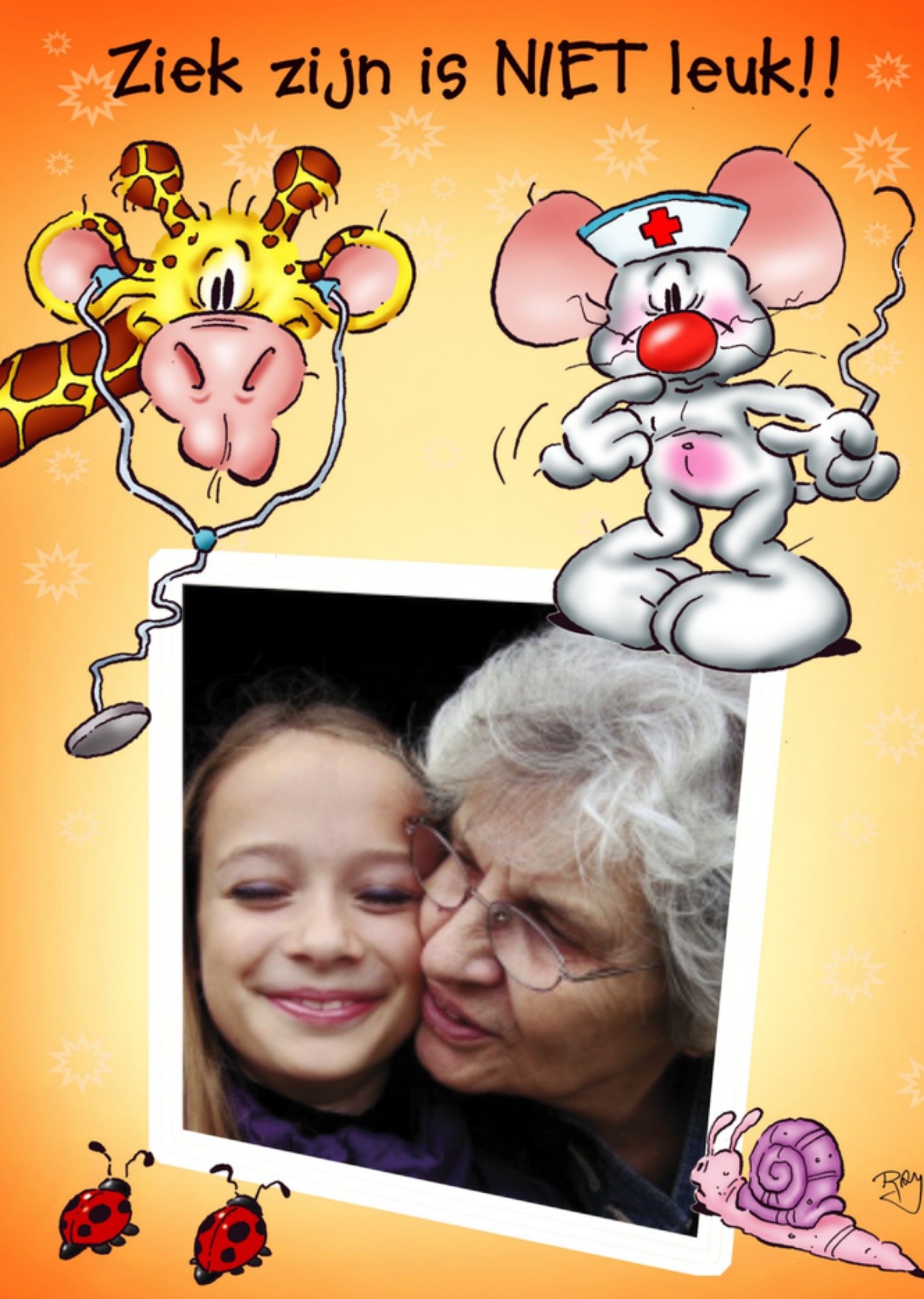 Beterschapskaart Ziek zijn is niet leuk + foto Kaart Doodles