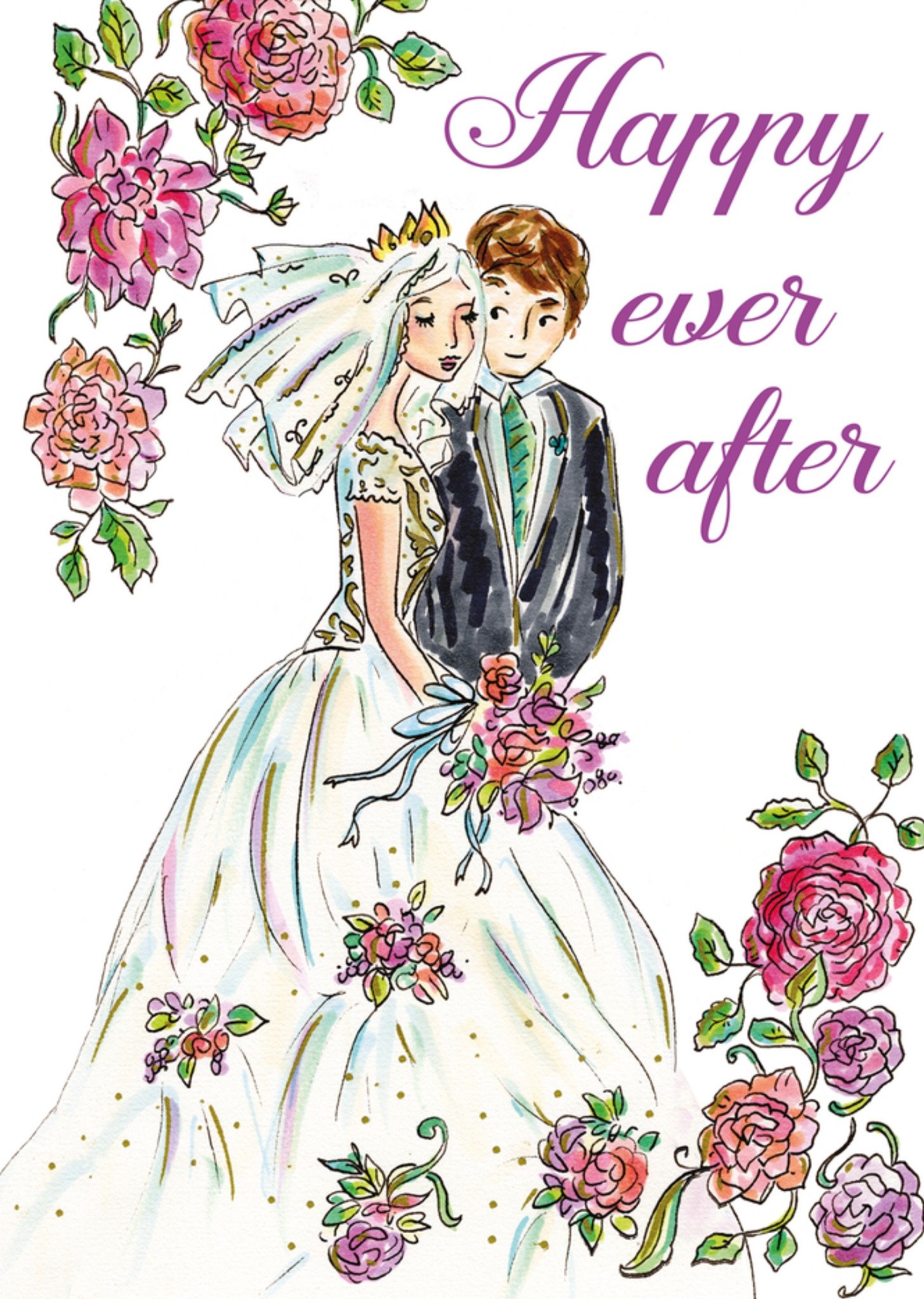 Happy Ever After Geïllustreerd Bruidspaar Huwelijkskaart Jill