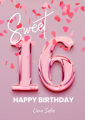 Sweet 16 3D Cijfer En Hartjesconfetti Verjaardagskaart