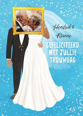 Geïllustreerd Bruidspaar Foto Upload Trouwdag Kaart