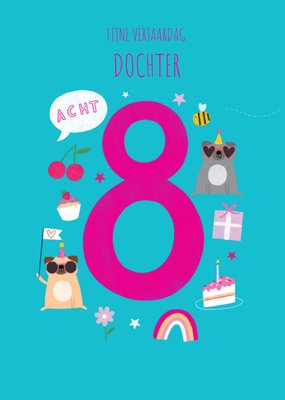 Schattig Geïllustreerd Dieren Dochter 8e Verjaardag Kaart