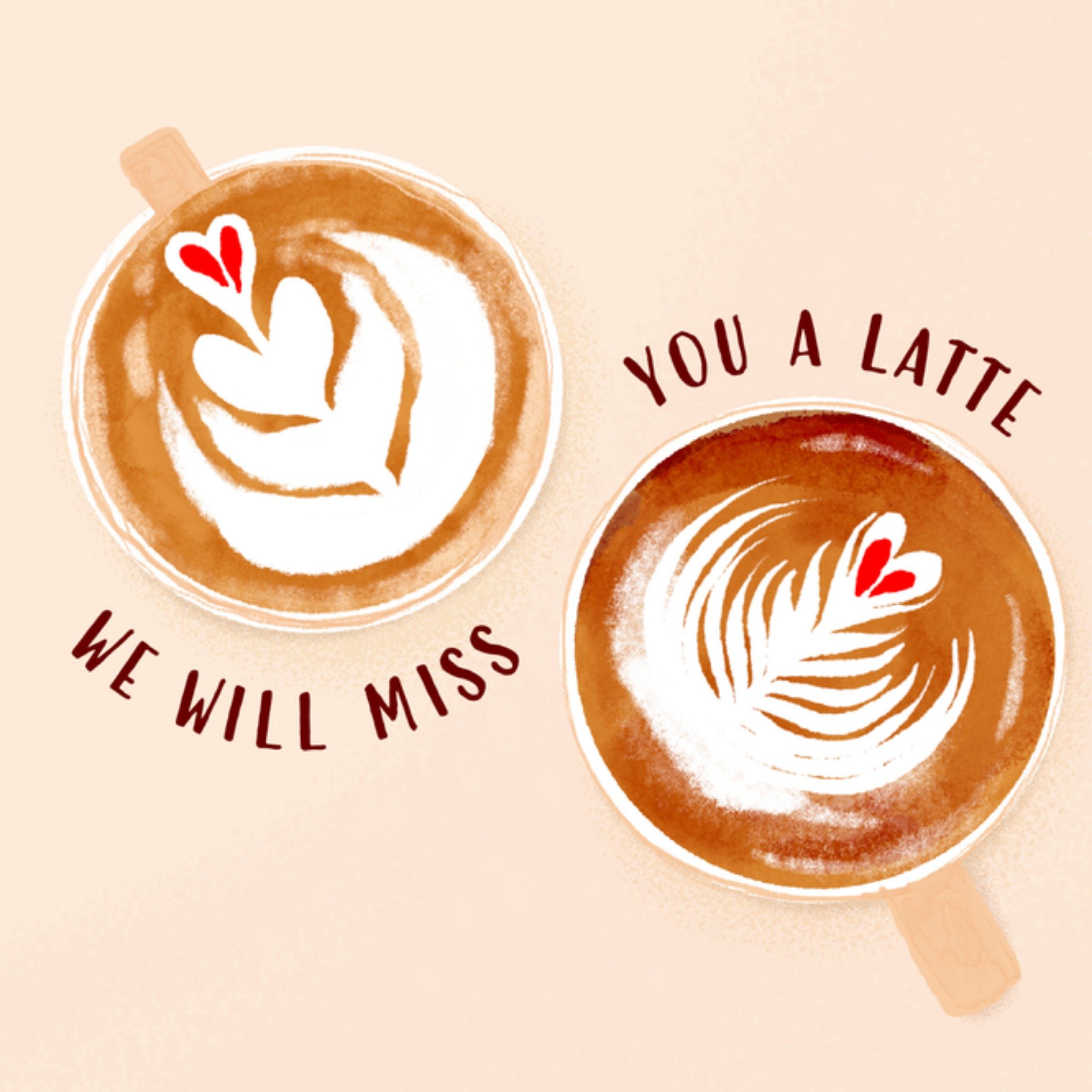 Greetz Nieuwe baan Miss you a latte Vierkant