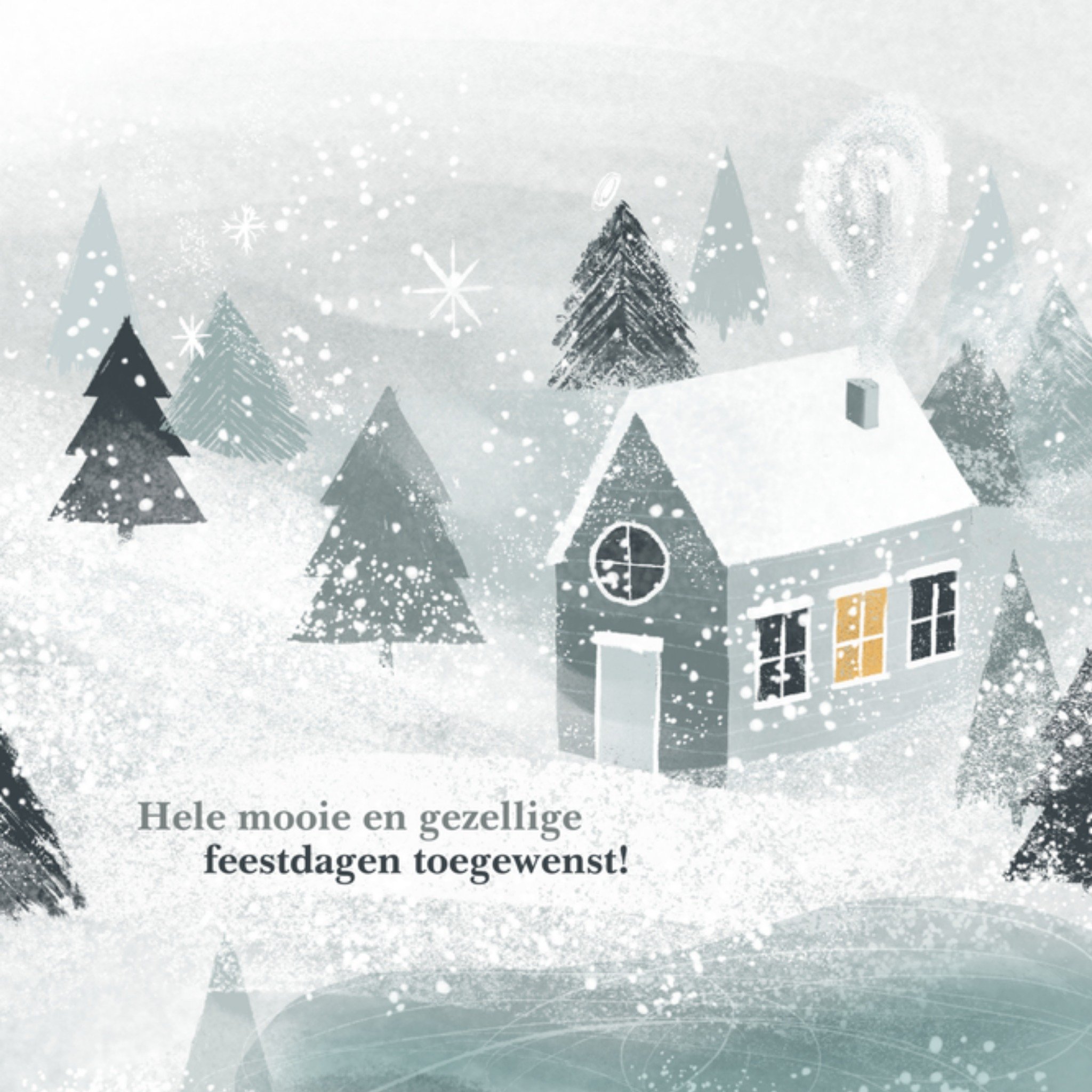 Greetz Kerstkaart huisje bos bomen Vierkant
