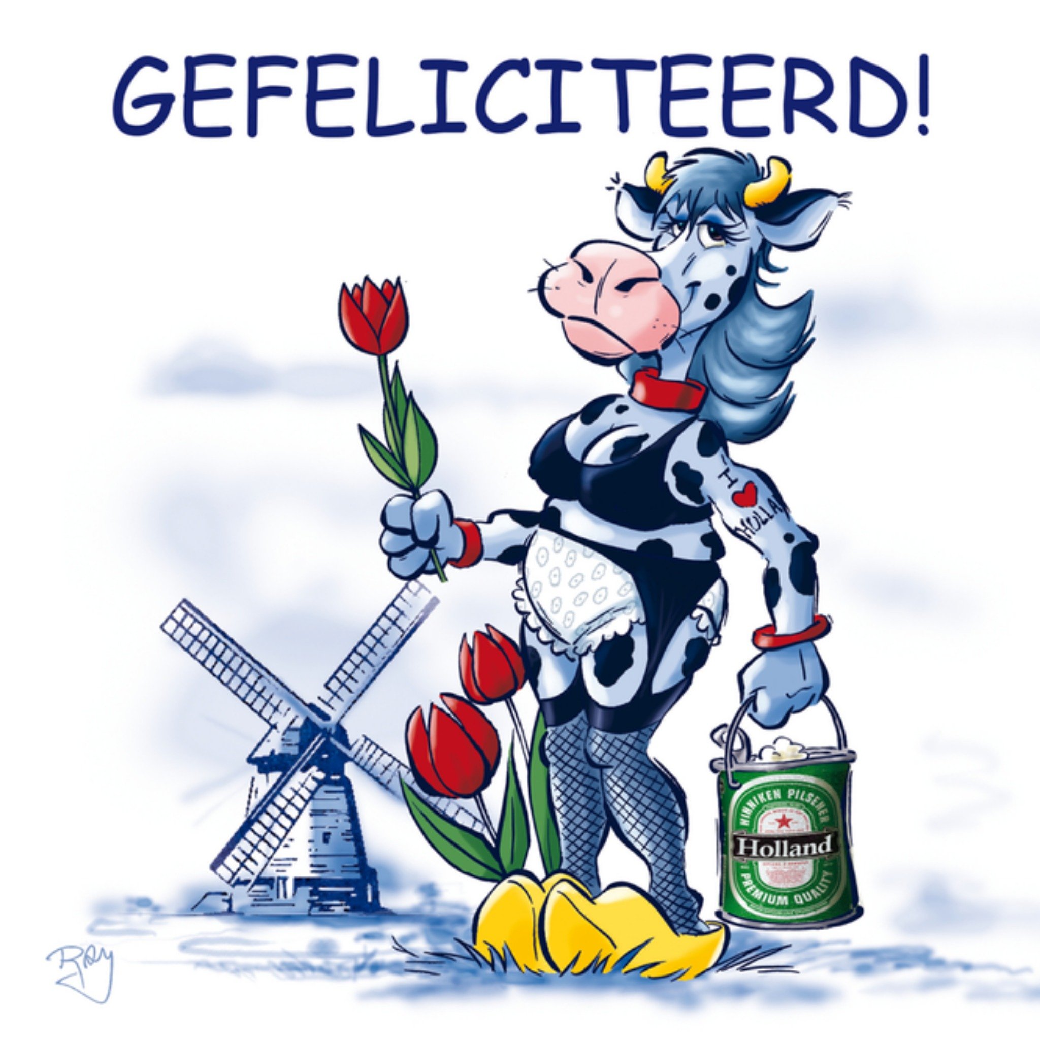 Verjaardagskaart koe bier Vierkante Kaart Old Dutch