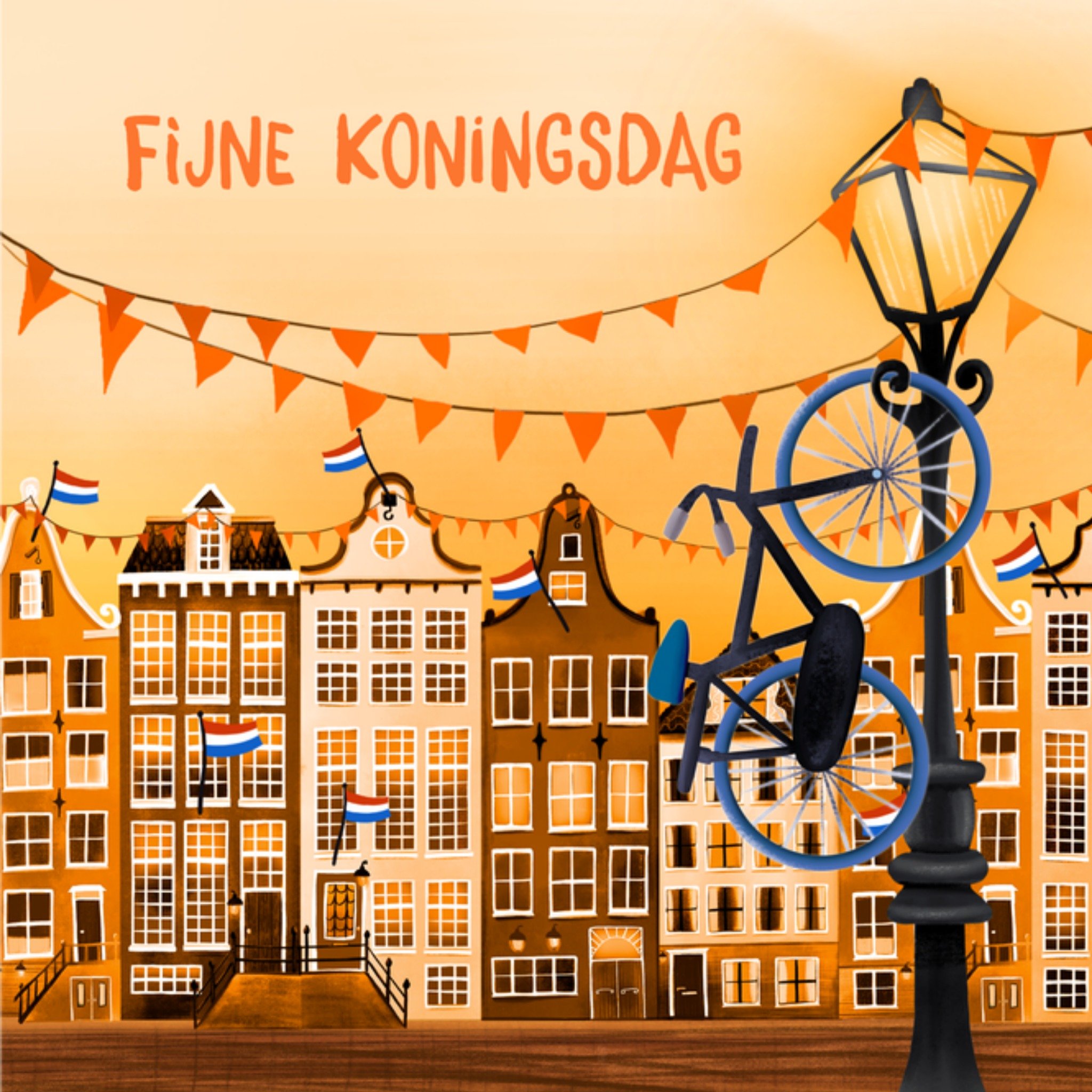 Greetz Koningsdag kaart Oranje Huisjes Vierkant