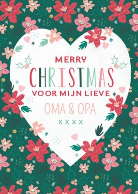 Geïllustreerd Bloemen Hart Oma En Opa Kerstmis Kaart