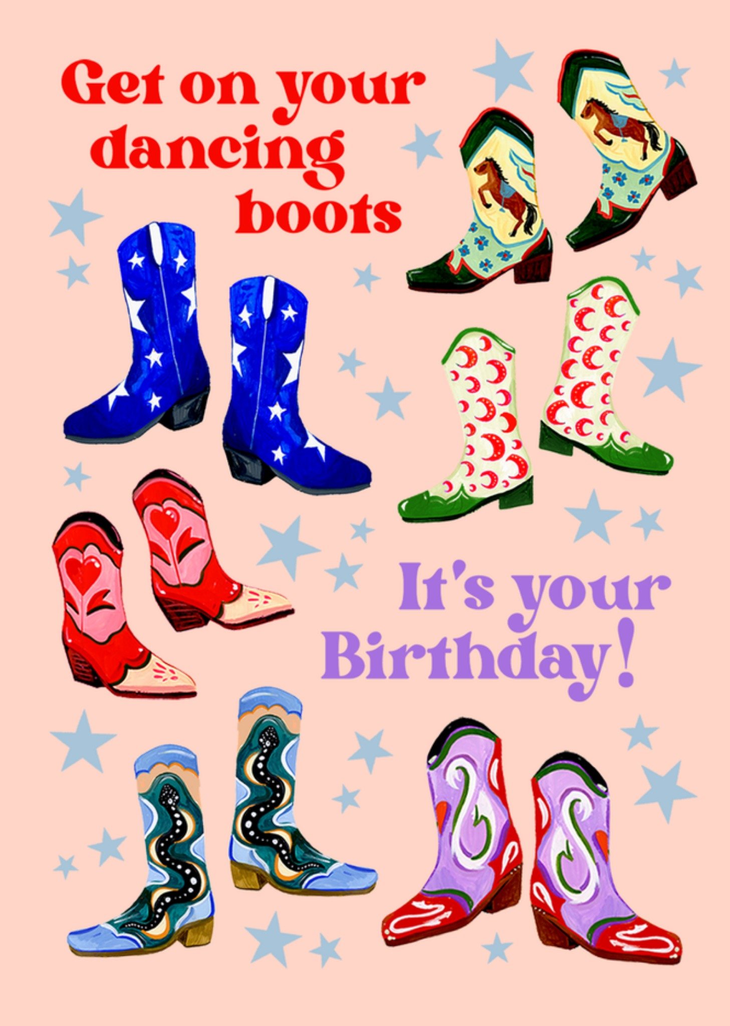 Verjaardagskaart Get On Your Dancing Boots Cowboy Boots Kaart Eleanor Bowmer