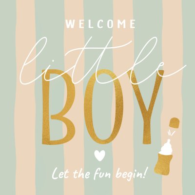 Welkom Kleine Jongen Gestreept Typografisch Babyfles Geboorte Kaart
