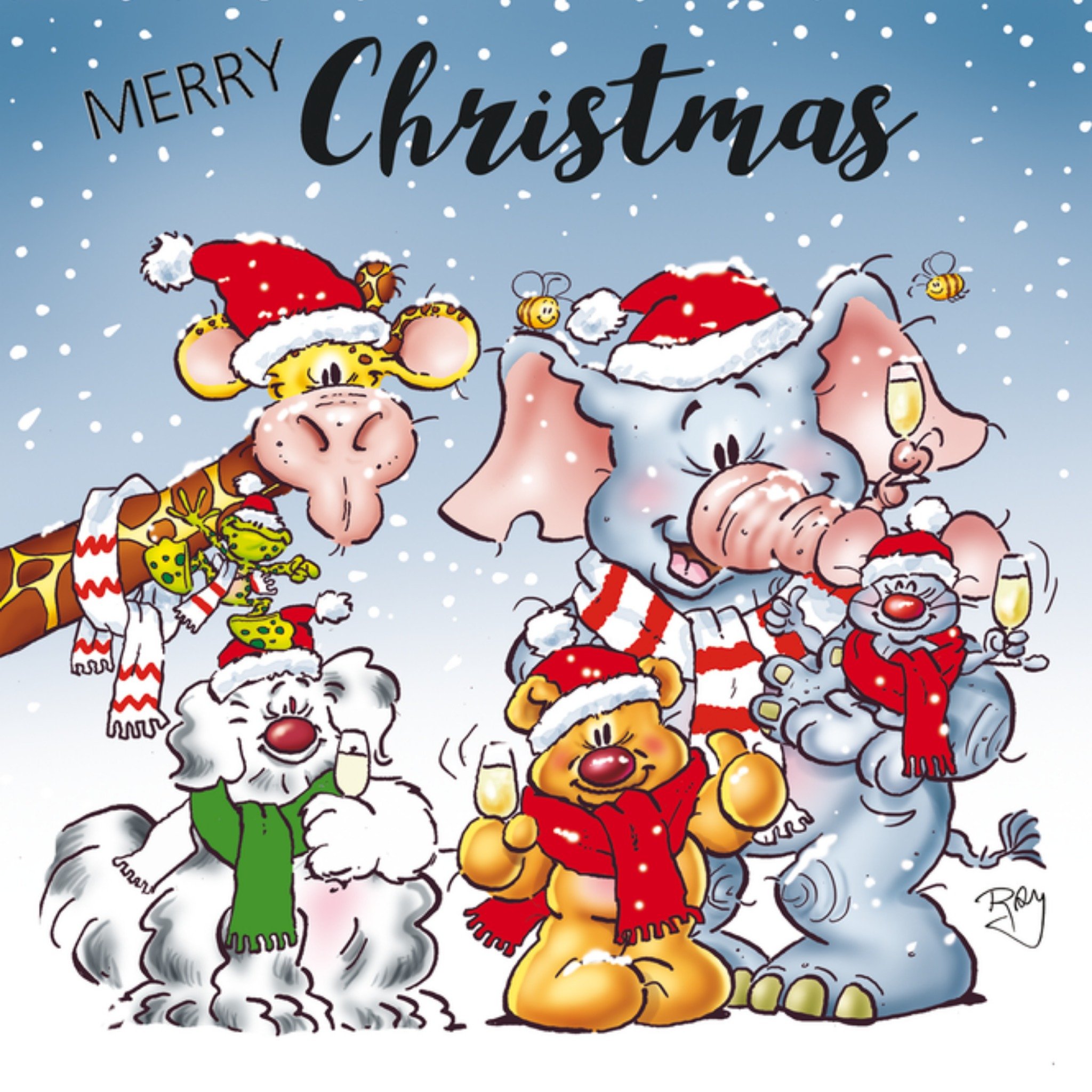 Kerstkaart Merry Christmas Illustrated Animal Characters Doodles