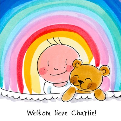 Geïllustreerd Baby Met Beer En Regenboog Geboorte Kaart